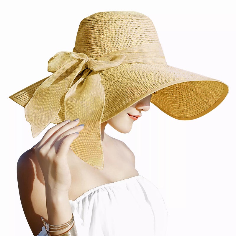 Lanzom Womens Big Bowknot Straw Hat Floppy Foldable Roll up Beach Cap Sun Hat UPF 50+ (Yellow, One Size) - Image 1